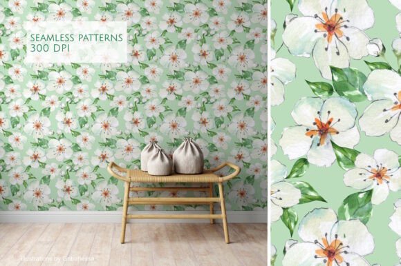 Download White Spring Flowers Green Pattern - Pattern Collection