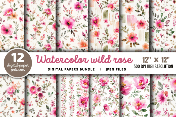 Download Watercolor Wild Rose Pattern Bundle - Pattern Collection